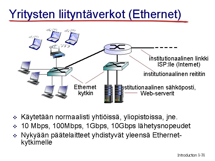 Yritysten liityntäverkot (Ethernet) institutionaalinen linkki ISP: lle (Internet) institutionaalinen reititin Ethernet kytkin v v