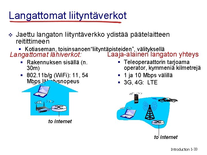 Langattomat liityntäverkot v Jaettu langaton liityntäverkko ydistää päätelaitteen reitittimeen § Kotiaseman, toisinsanoen“liityntäpisteiden”, välityksellä Langattomat