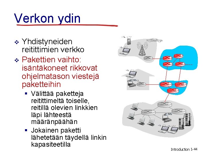 Verkon ydin v v Yhdistyneiden reitittimien verkko Pakettien vaihto: isäntäkoneet rikkovat ohjelmatason viestejä paketteihin