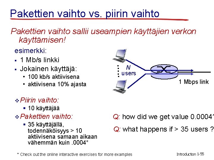 Pakettien vaihto vs. piirin vaihto Pakettien vaihto sallii useampien käyttäjien verkon käyttämisen! • 100