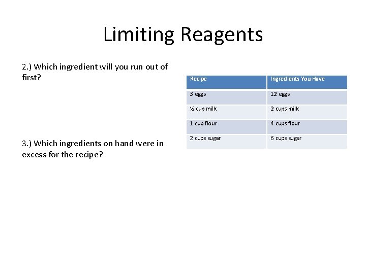 Limiting Reagents 2. ) Which ingredient will you run out of first? 3. )