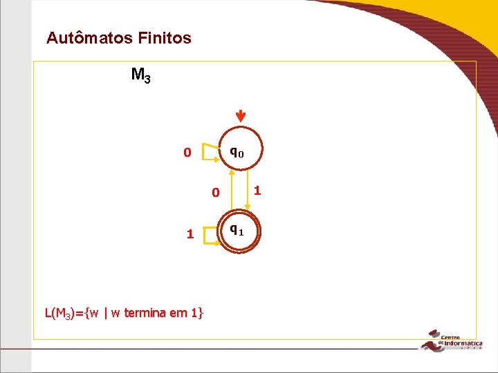 Autômatos Finitos M 3 q 0 0 1 L(M 3)={w | w termina em