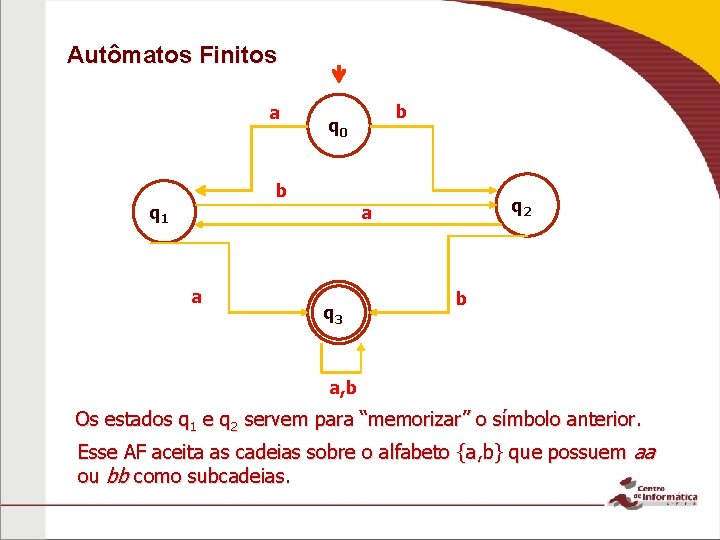 Autômatos Finitos a q 0 b q 1 a b q 2 a q