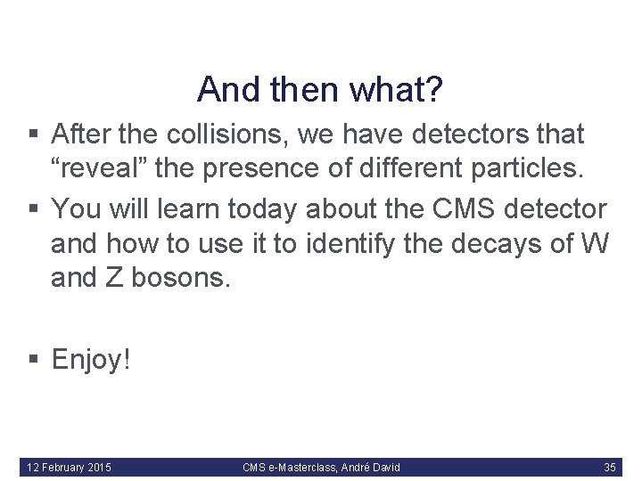And then what? § After the collisions, we have detectors that “reveal” the presence