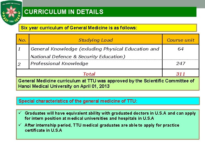 CURRICULUM IN DETAILS Six year curriculum of General Medicine is as follows: No. 1