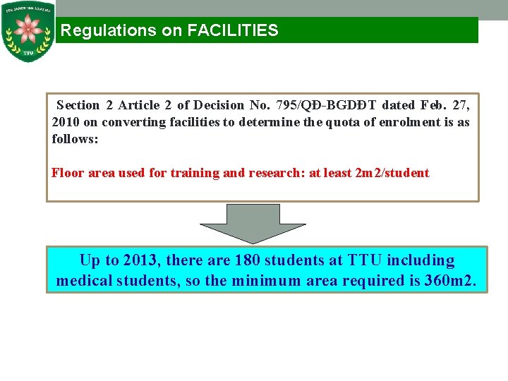 Regulations on FACILITIES Section 2 Article 2 of Decision No. 795/QĐ-BGDĐT dated Feb. 27,