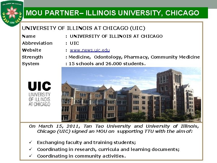 MOU PARTNER– ILLINOIS UNIVERSITY, CHICAGO UNIVERSITY OF ILLINOIS AT CHICAGO (UIC) Name : UNIVERSITY