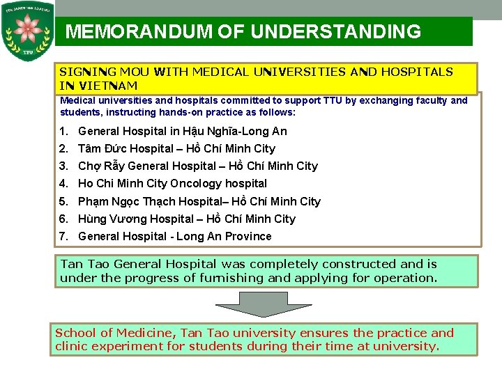  MEMORANDUM OF UNDERSTANDING SIGNING MOU WITH MEDICAL UNIVERSITIES AND HOSPITALS IN VIETNAM Medical