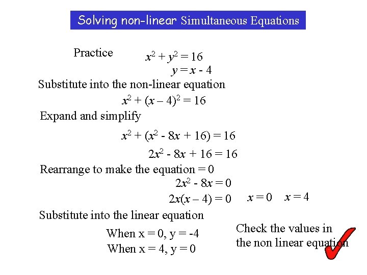 Solving non-linear Simultaneous Equations Practice x 2 + y 2 = 16 y=x-4 Substitute