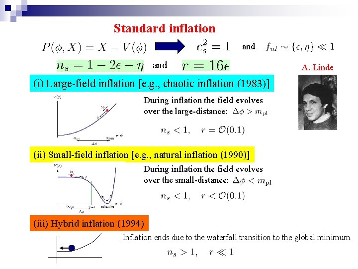 Standard inflation and A. Linde (i) Large-field inflation [e. g. , chaotic inflation (1983)]
