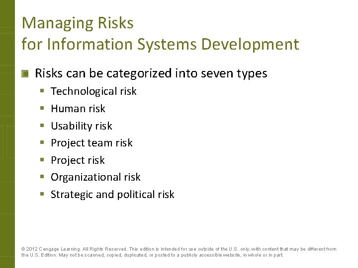 Managing Risks for Information Systems Development Risks can be categorized into seven types §