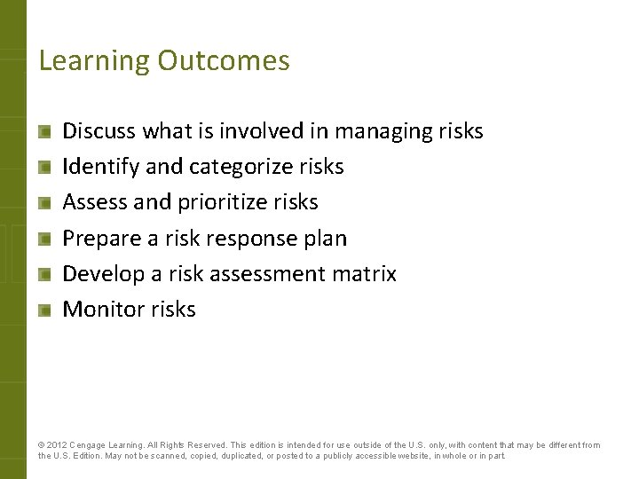 Learning Outcomes Discuss what is involved in managing risks Identify and categorize risks Assess