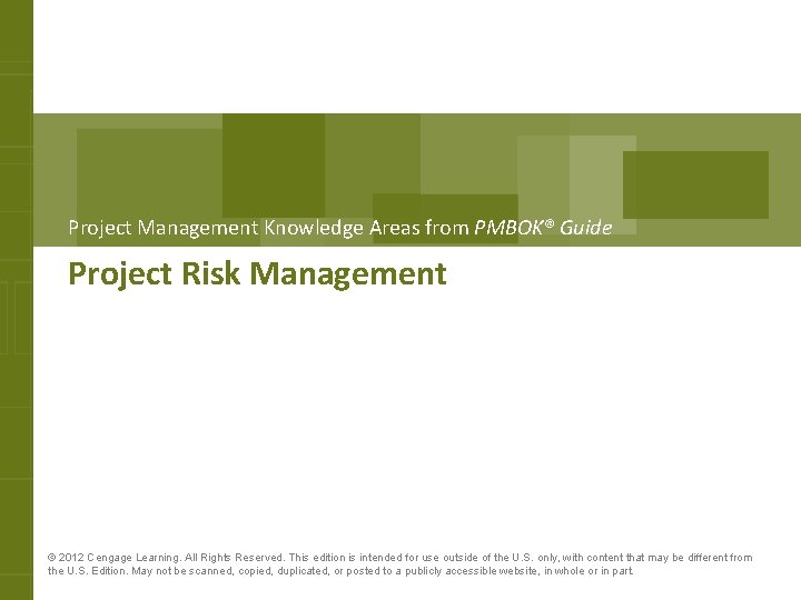 Project Management Knowledge Areas from PMBOK® Guide Project Risk Management © 2012 Cengage Learning.