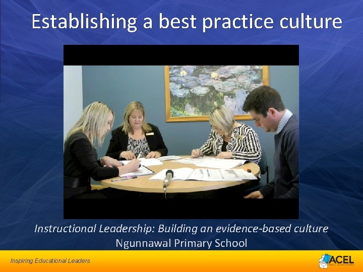 Establishing a best practice culture Instructional Leadership: Building an evidence-based culture Ngunnawal Primary School