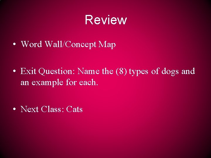 Review • Word Wall/Concept Map • Exit Question: Name the (8) types of dogs