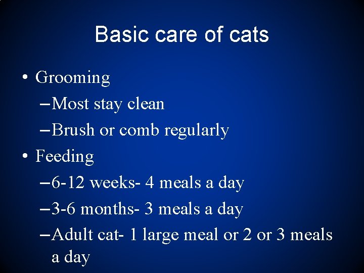 Basic care of cats • Grooming – Most stay clean – Brush or comb