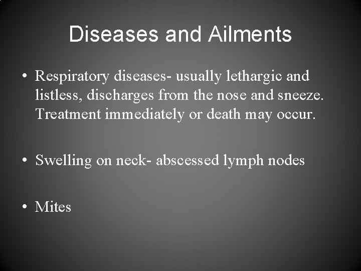 Diseases and Ailments • Respiratory diseases- usually lethargic and listless, discharges from the nose
