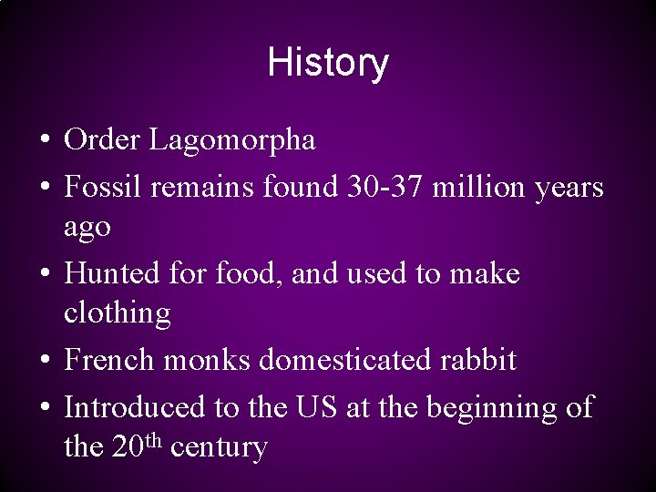 History • Order Lagomorpha • Fossil remains found 30 -37 million years ago •