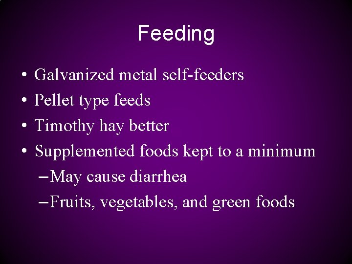 Feeding • • Galvanized metal self-feeders Pellet type feeds Timothy hay better Supplemented foods