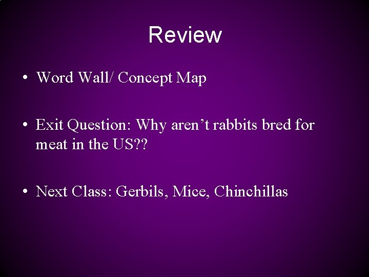 Review • Word Wall/ Concept Map • Exit Question: Why aren’t rabbits bred for