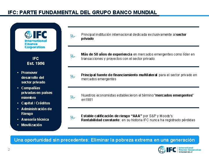 IFC: PARTE FUNDAMENTAL DEL GRUPO BANCO MUNDIAL IBRD IFC Est. 1956 • Promover desarrollo