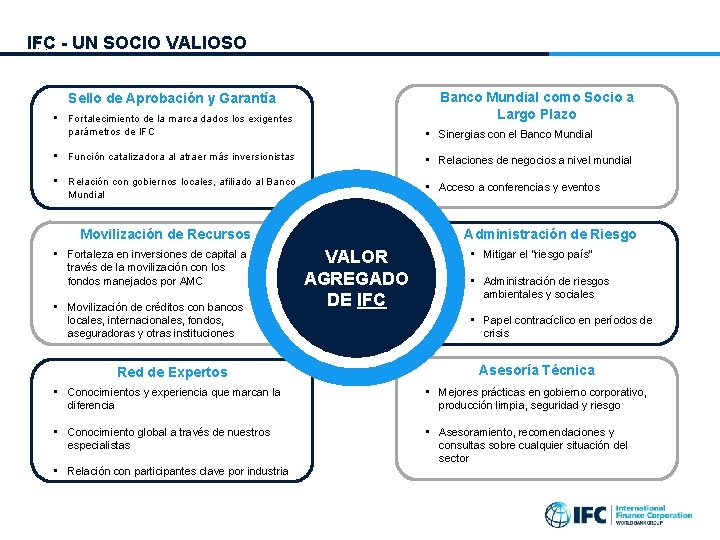 IFC - UN SOCIO VALIOSO Banco Mundial como Socio a Largo Plazo Sello de