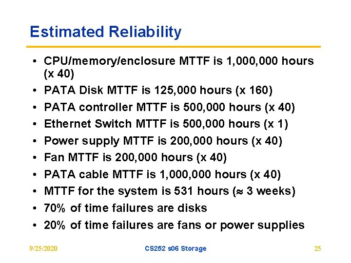 Estimated Reliability • CPU/memory/enclosure MTTF is 1, 000 hours (x 40) • PATA Disk