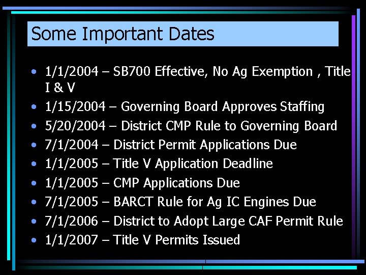 Some Important Dates • 1/1/2004 – SB 700 Effective, No Ag Exemption , Title