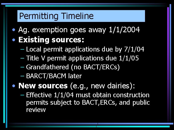 Permitting Timeline • Ag. exemption goes away 1/1/2004 • Existing sources: – Local permit