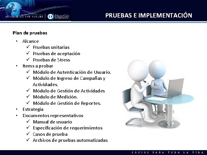 PRUEBAS E IMPLEMENTACIÓN Plan de pruebas • Alcance ü Pruebas unitarias ü Pruebas de