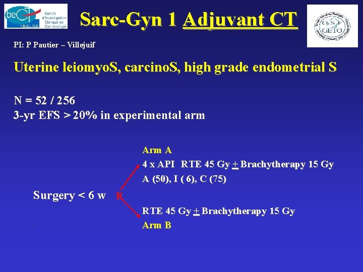 Sarc-Gyn 1 Adjuvant CT PI: P Pautier – Villejuif Uterine leiomyo. S, carcino. S,