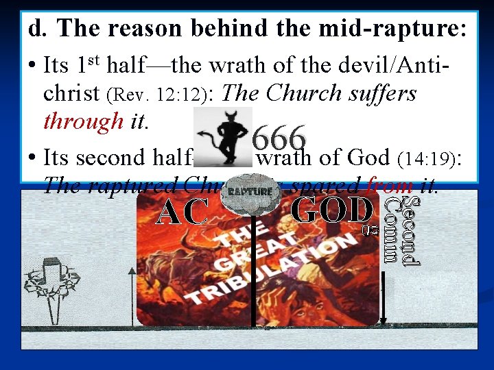 d. The reason behind the mid-rapture: • Its 1 st half—the wrath of the