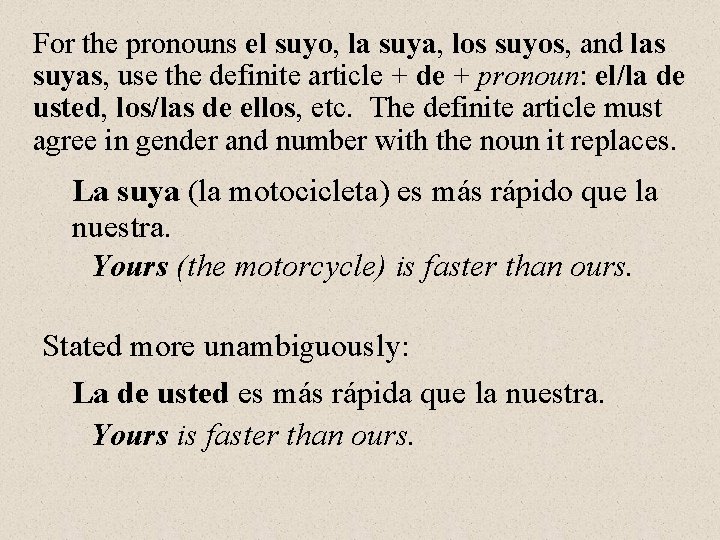 For the pronouns el suyo, la suya, los suyos, and las suyas, use the