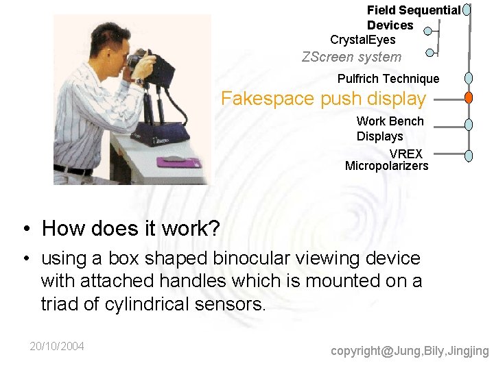 Field Sequential Devices Crystal. Eyes ZScreen system Pulfrich Technique Fakespace push display Work Bench