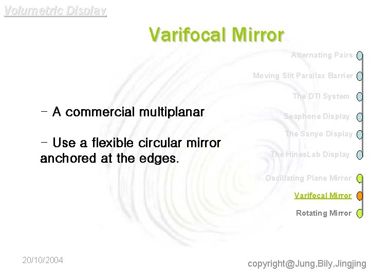 Volumetric Display Varifocal Mirror Alternating Pairs Moving Slit Parallax Barrier The DTI System -