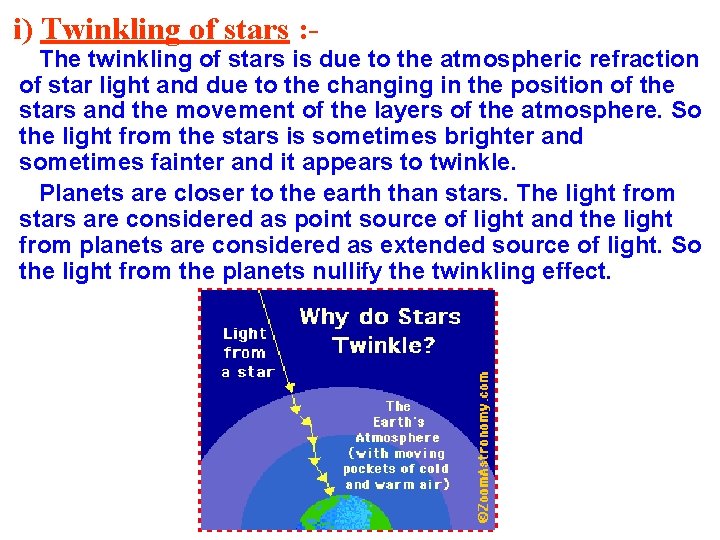 i) Twinkling of stars : - The twinkling of stars is due to the