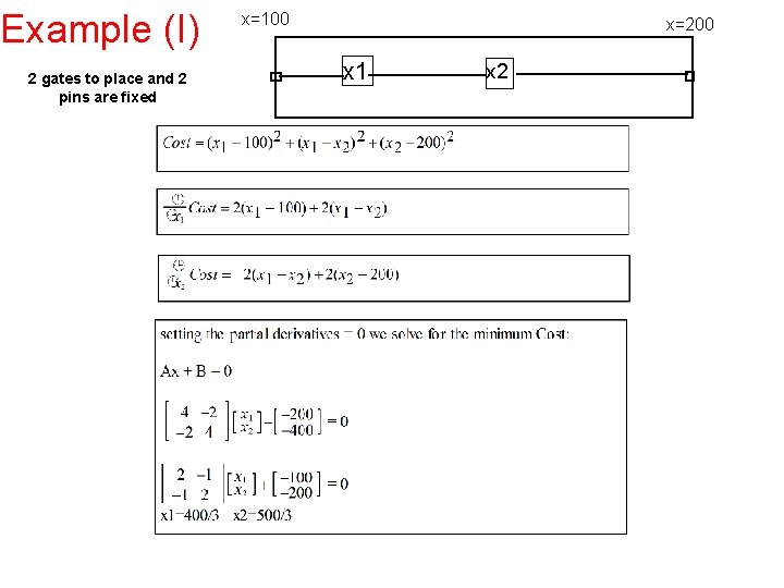 Example (I) 2 gates to place and 2 pins are fixed x=100 x=200 x