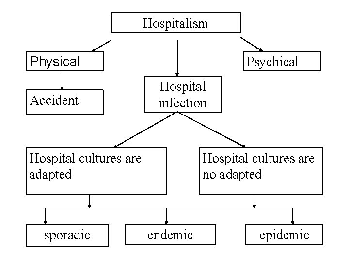 Hospitalism Physical Accident Psychical Hospital infection Hospital cultures are adapted sporadic Hospital cultures are