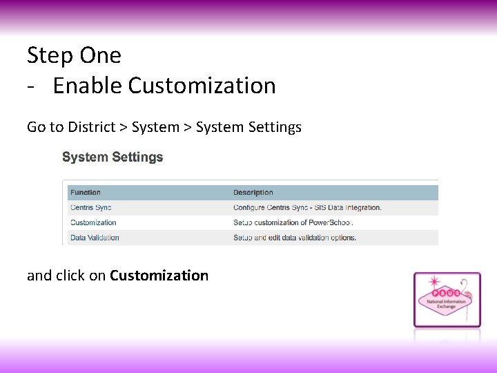 Step One - Enable Customization Go to District > System Settings and click on