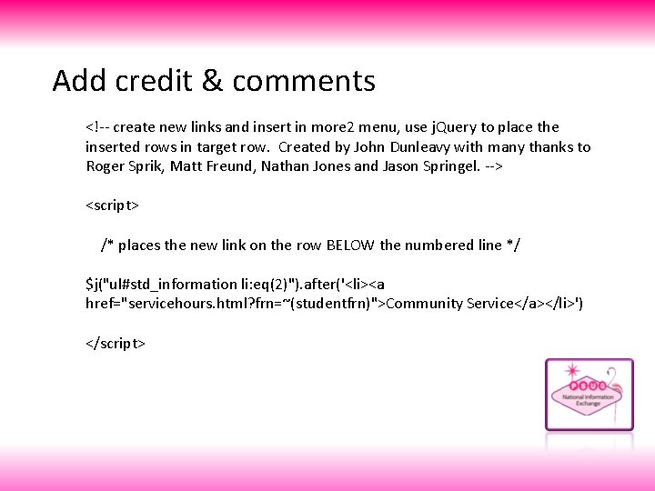 Add credit & comments <!-- create new links and insert in more 2 menu,