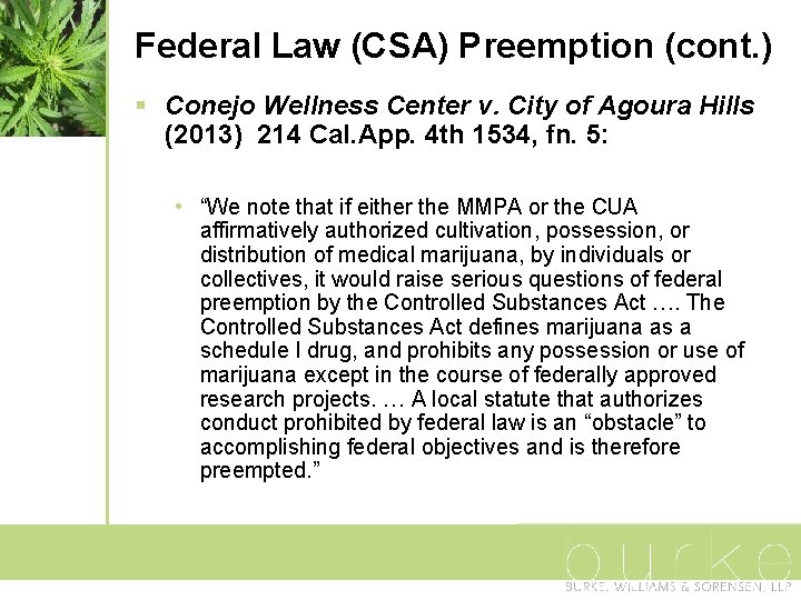 Federal Law (CSA) Preemption (cont. ) § Conejo Wellness Center v. City of Agoura