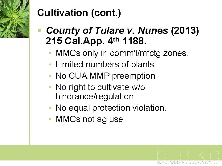 Cultivation (cont. ) § County of Tulare v. Nunes (2013) 215 Cal. App. 4