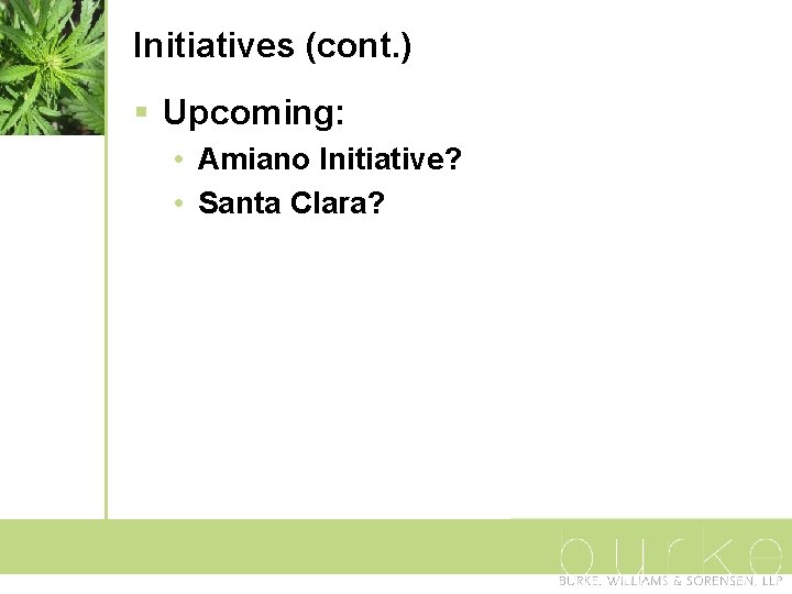 Initiatives (cont. ) § Upcoming: • Amiano Initiative? • Santa Clara? 