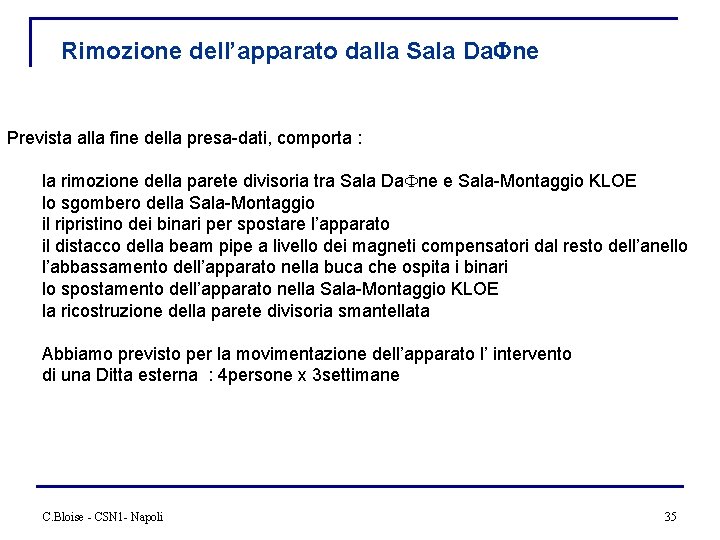 Rimozione dell’apparato dalla Sala Da. Fne Prevista alla fine della presa-dati, comporta : la