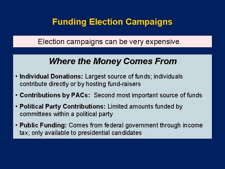 Funding Election Campaigns Election campaigns can be very expensive. Where the Money Comes From