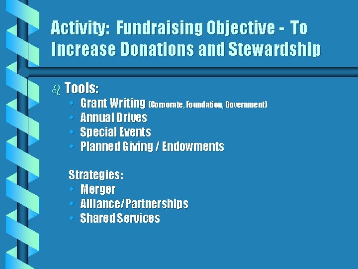 Activity: Fundraising Objective - To Increase Donations and Stewardship b Tools: • • Grant