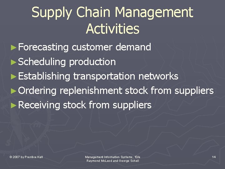 Supply Chain Management Activities ► Forecasting customer demand ► Scheduling production ► Establishing transportation Supply Chain Management Activities ► Forecasting customer demand ► Scheduling production ► Establishing transportation
