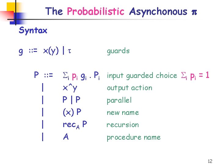 The Probabilistic Asynchonous p Syntax g : : = x(y) | t P :