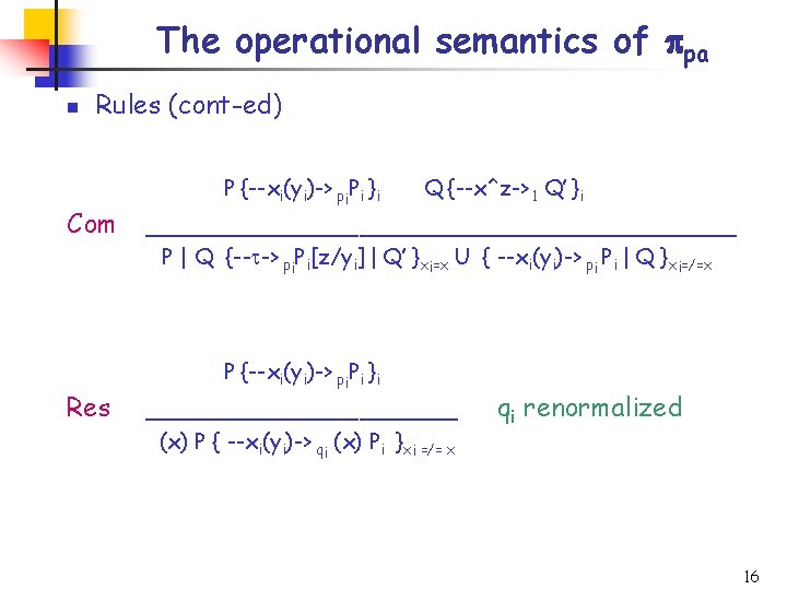 The operational semantics of ppa n Rules (cont-ed) Com P {--xi(yi)-> pi. Pi }i