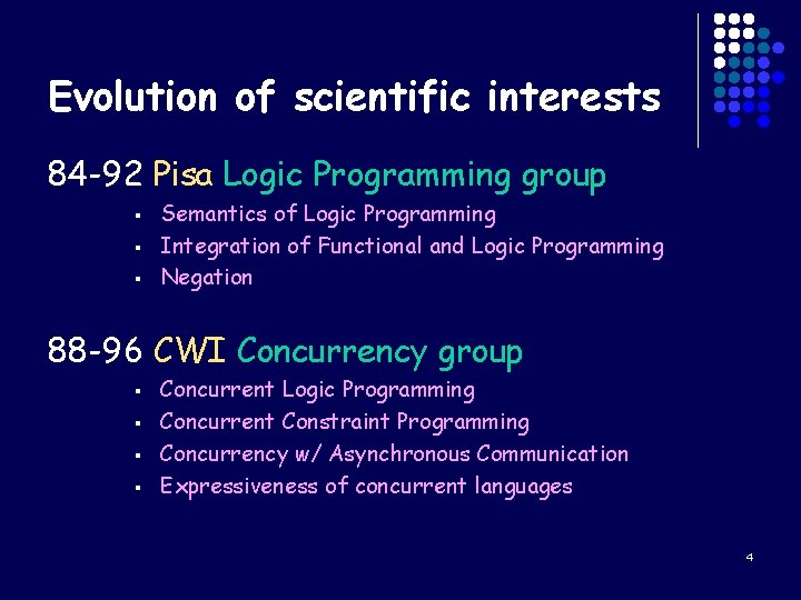 Evolution of scientific interests 84 -92 Pisa Logic Programming group § § § Semantics